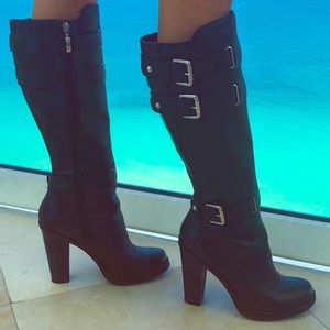 Guess Black & Silver Buckled Knee Length Boots